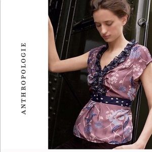 Odille Anthro 100% silk tie back blouse EUC